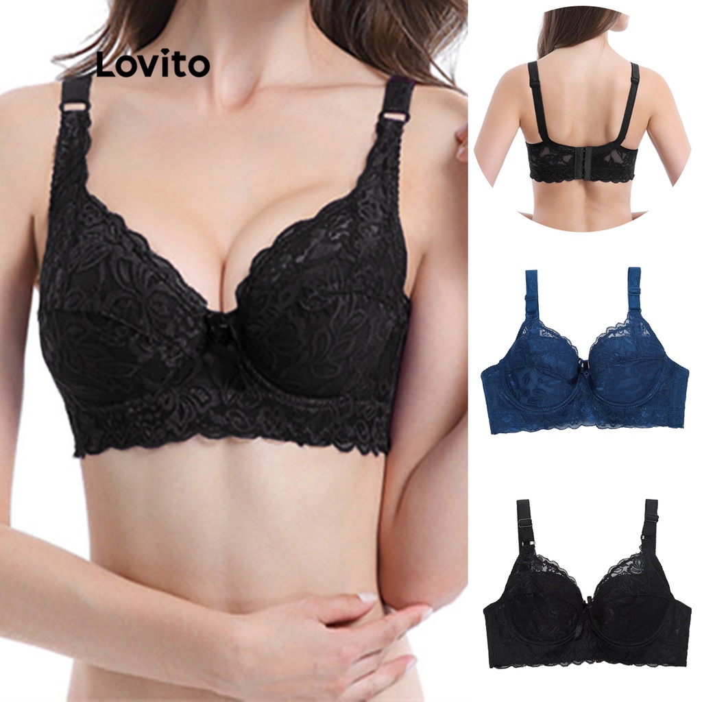 thumbnail image 1 of Lovito Sujetador Casual Liso Encaje Fino Push Up Non Relleno Extraíble L18X239 (Azul Negro), 1 of 4