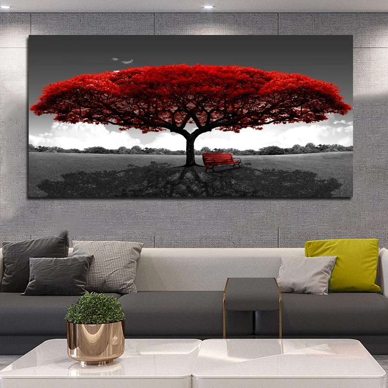 Marco Moderno Árbol Rojo Banco Paisaje Lienzo Pinturas Para Sala De Estar  Arte Blanco Y Negro Cuadros Decorativos