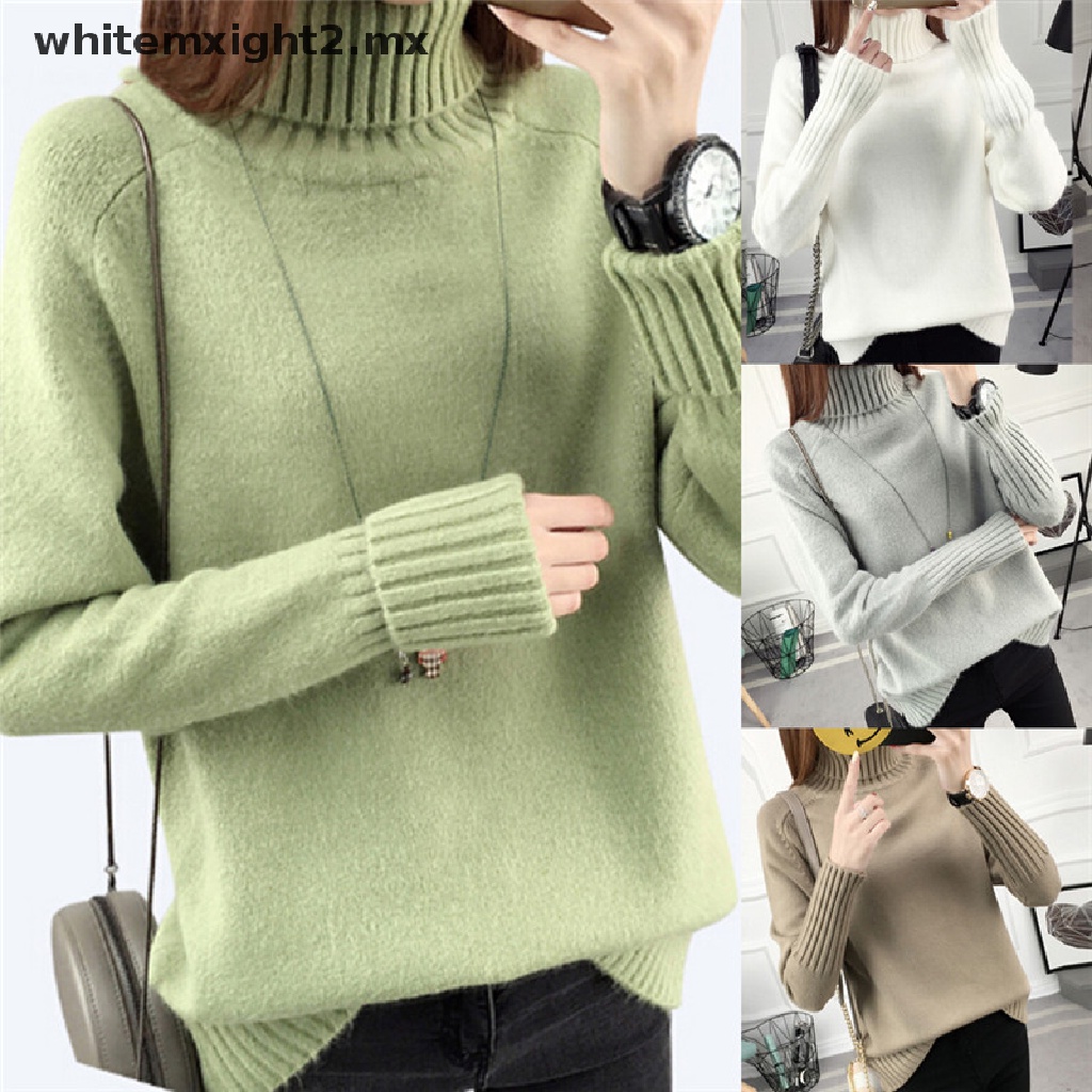 Pullover Largo Mujer Elegante Moda Sweater Otoño Invierno Cuello Alto Manga  Larga Color Sólido Anchos Casual M…