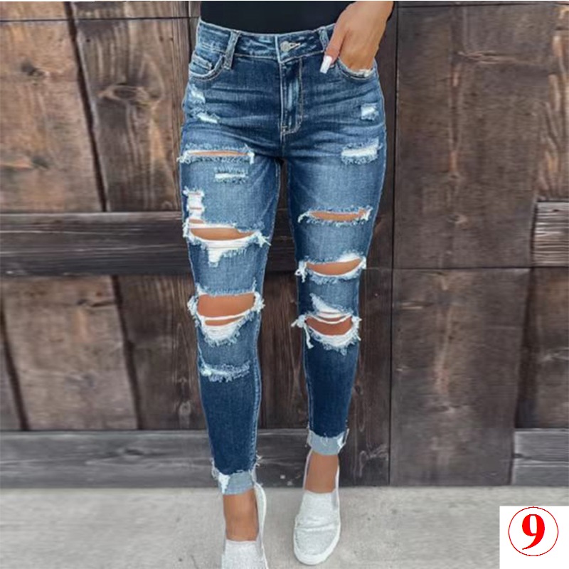 Pantalones de mujer Jeans Bolsillos Botones Rasgados Flaco Cintura