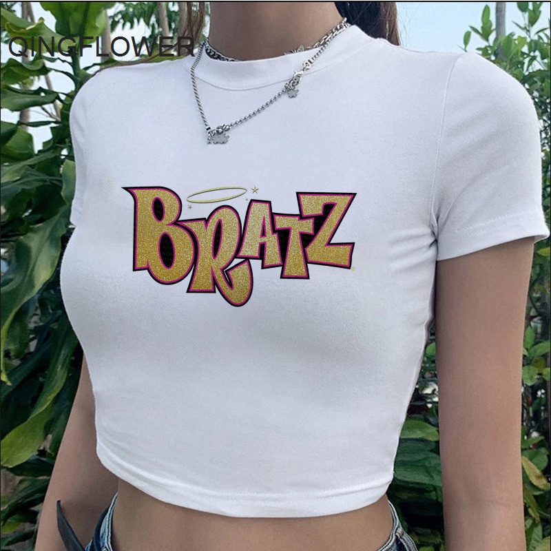 Camiseta Bratz Mujer streetwear Pareja Estética Blanco crop top Gráfica  tees