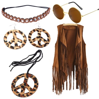 Ropa hippie para mujer, años 60 y 70, juego de accesorios, chaleco con  flecos, gafas de sol, diadema, pendientes, collar de discoteca para  carnaval