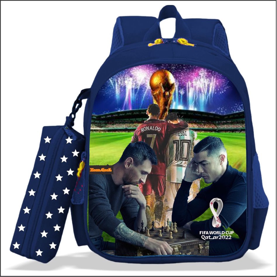 Mochila + Lonchera + Estuche Diseño Messi 2022 Levanta Copa