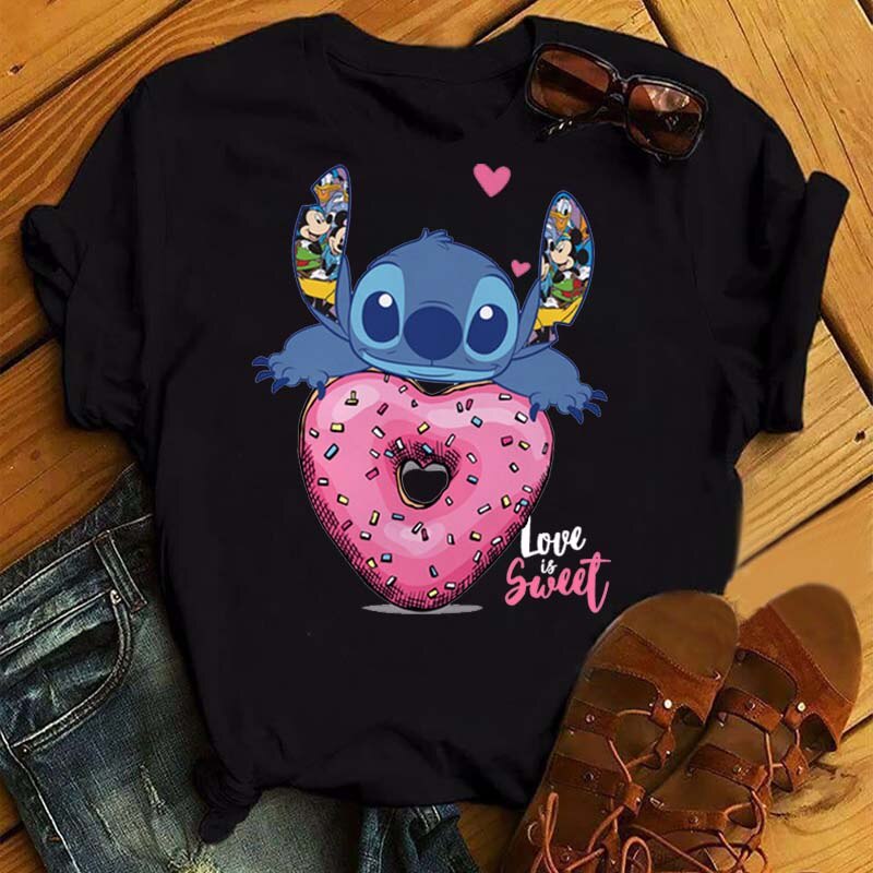Diseno De Moda Nuevo Lilo Stitch Con Sombrero De Navidad Camiseta Estampada Mujeres Kawaii Tops De Dibujos Animados Divertidas Camisa De Puntada Regalos Shopee Mexico