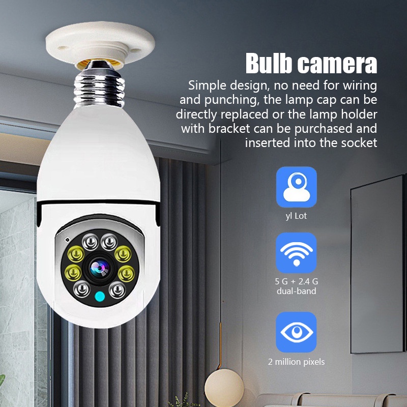 Cámara de bombilla PTZ WiFi Cámara IP panorámica de 360 grados, cámaras  CCTV de vigilancia con visión nocturna, detección de movimiento humano y