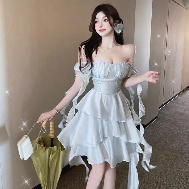 Retro Gentle Ribbons Chiffon Ruffles Dress Puff Sleeves Square Collar Streamers Irregular Cake A Line Skirt Dress Fairy Vesti