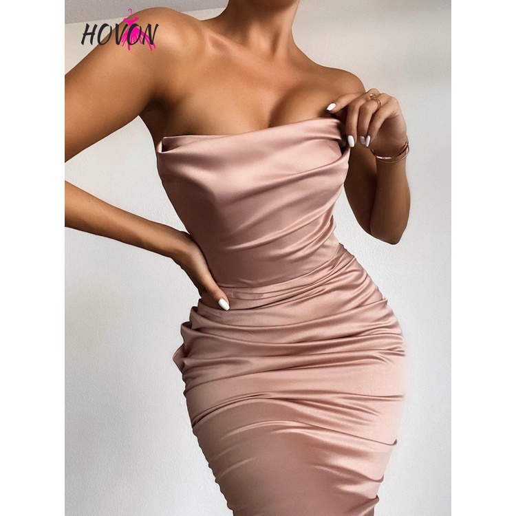 HOVON Strapless Sexy Satin Bodycon Party Maxi Dress Mujer High Split Backless Vestidos Drapeados Night Club Vestido Largo Vintage Shopee Mexico