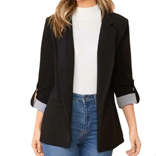 Blazers de terciopelo para mujer, abrigo de oficina de color sólido, cuello  chal abierto, chaqueta de manga larga, ropa exterior