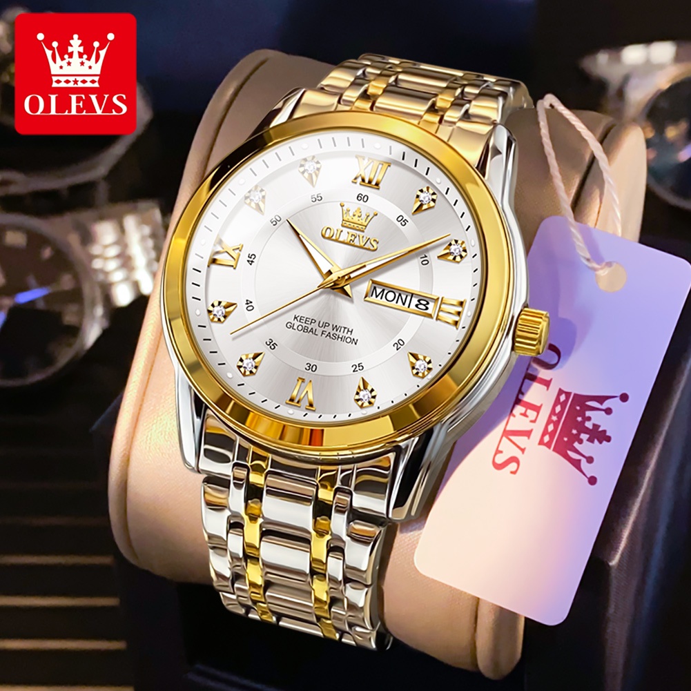 OLEVS Reloj Hombre Correa De Acero Inoxidable Brillante En La Oscuridad Impermeable Calendario