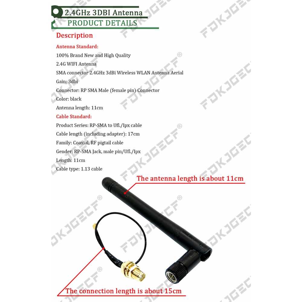 Antenna WiFi Eightwood 3dBi 2.4GHz - SMA Maschio (Pin) Per Router, Telecamera IP
