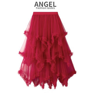 Falda midi De Moda Para Mujer , Faldas Rojas De Encaje De Tul , Cintura  Alta , Larga De Malla Plisada De tule