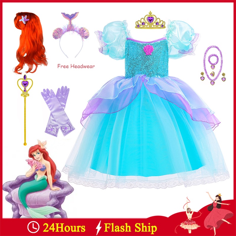 Disfraz de princesa de sirena para niñas, disfraz de Ariel para fiesta de  cumpleaños con peluca