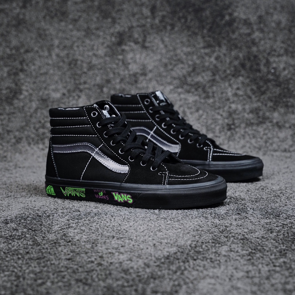 Vans SK8 Hi Caballero Negro Personalidad Letras Verdes graffiti casual Corte Alto Moda Zapatos De Tabla 2002