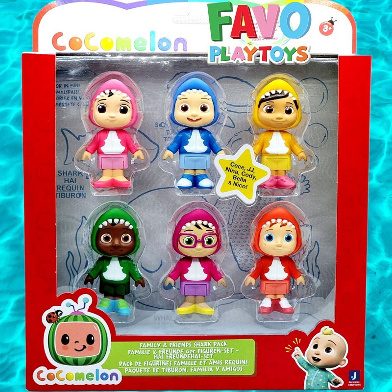 Pacco Figure CoComelon 6 Pezzi A Tema Squalo – Include JJ, Nico, Cody, Nina, Bella, Cece Con Felpe Squalo, Giocattoli Per Bambini 3+