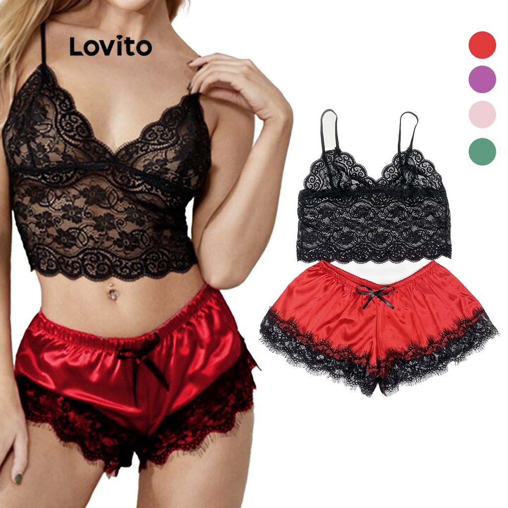 thumbnail image 1 of Lovito Set de Lencería Encaje Sexy Slim Fit No Elástico (Verde Oscuro/Púrpura/Rosado/Rojo), 1 of 4