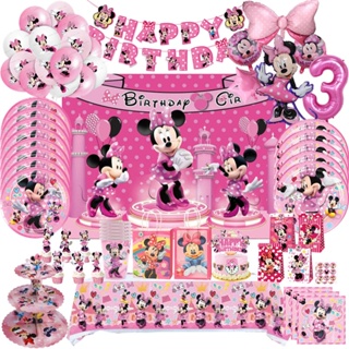 Decoración de fiesta de cumpleaños de Minnie Mouse, mantel de Minnie,  cubierta de mesa, vajilla para