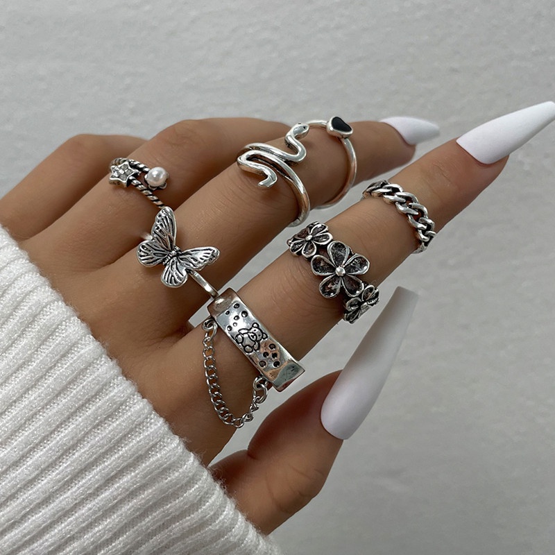 Conjunto De Anillos De Flores De Calavera De Serpiente De Color