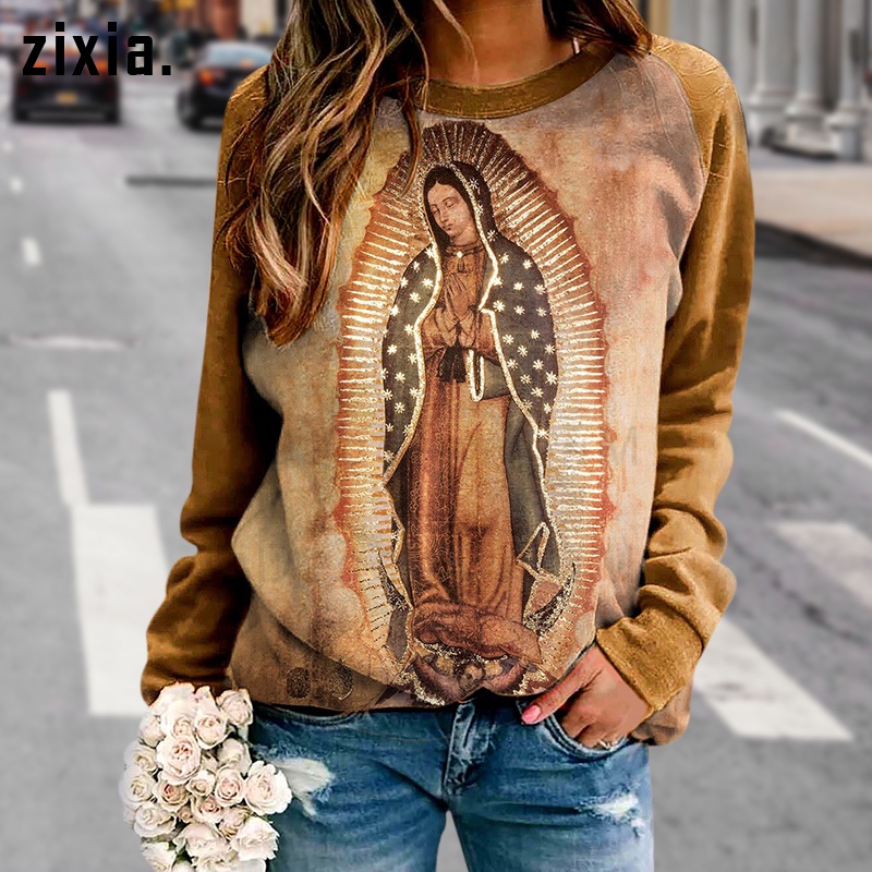 Nuestra Senora De Guadalupe Virgen Maria Mujer Pintura Cristiana Camisa Casual Manga Larga