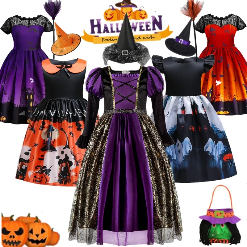 Disfraz de bruja para niñas y niñas, vestido de fiesta de baile de  Halloween, vestido de princesa reina + sombrero para 1-8 años, Naranja