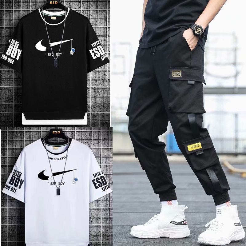 Pantalones Cargo Con Bolsillo De Cinta Para Hombre + Camiseta De Manga  Corta Hip Hop Estilo Traje De Dos Piezas