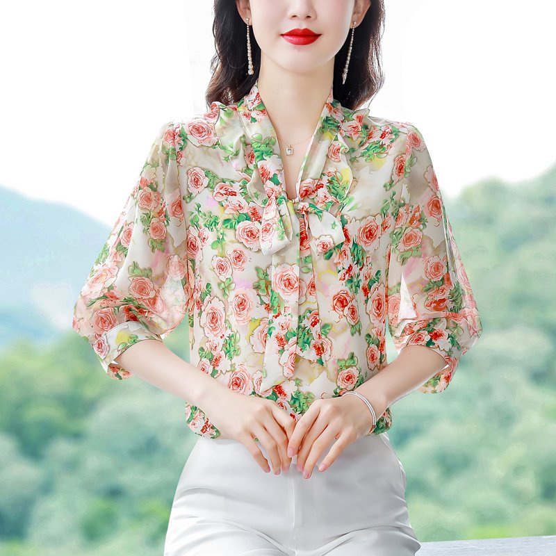 Top Floral De Manga 3/4 Para Mujer Blusas De Gasa Vintage