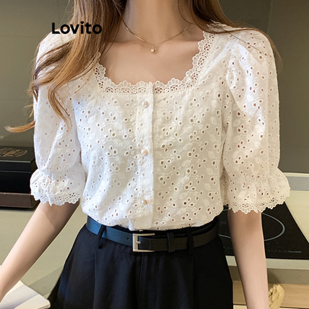 Lovito Blusas De Encaje En Contraste Con Hebilla De Perla Bordada Con Ojales Lisos Informales Para Mujer LNE16069 Blanco Shopee Mexico