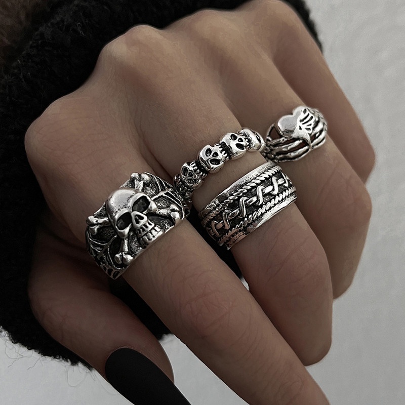 Conjunto De Anillos De Corazón De Calavera Vintage Hip Hop Para