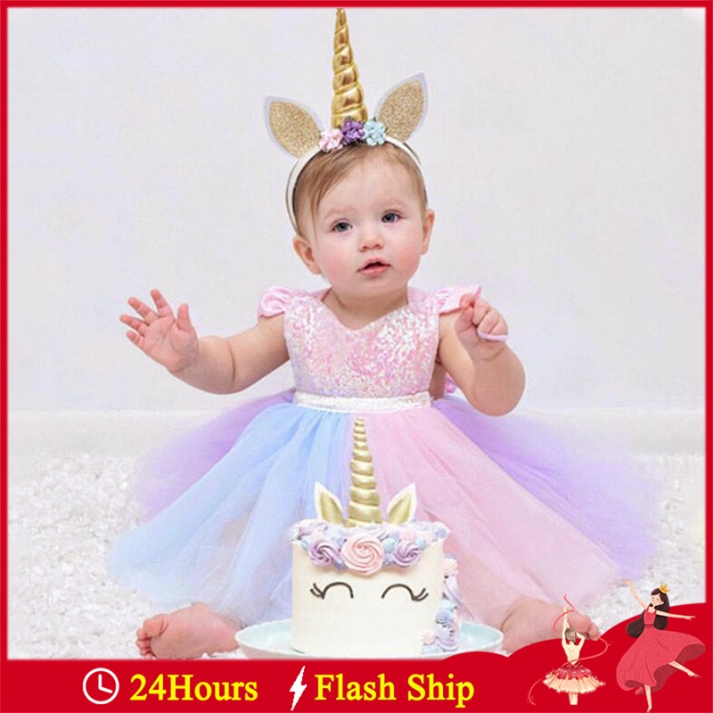 Vestido De Unicornio Arco Iris Para Niños Niña Verano Malla De