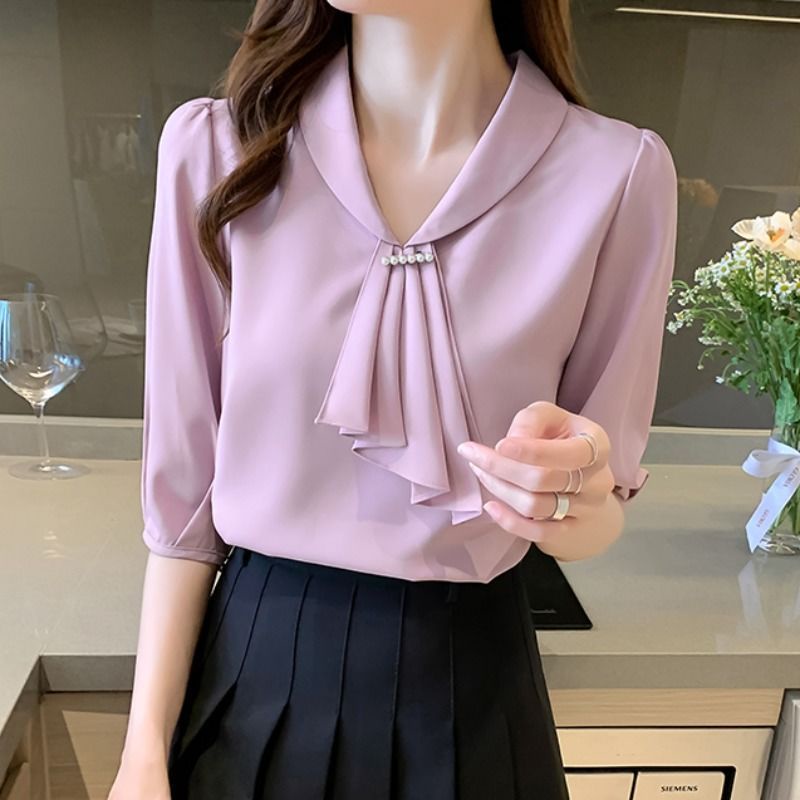 Blusas Rosadas De Manga Corta Para Mujer Casual Cuello En V Ropa De Oficina Shopee Mexico