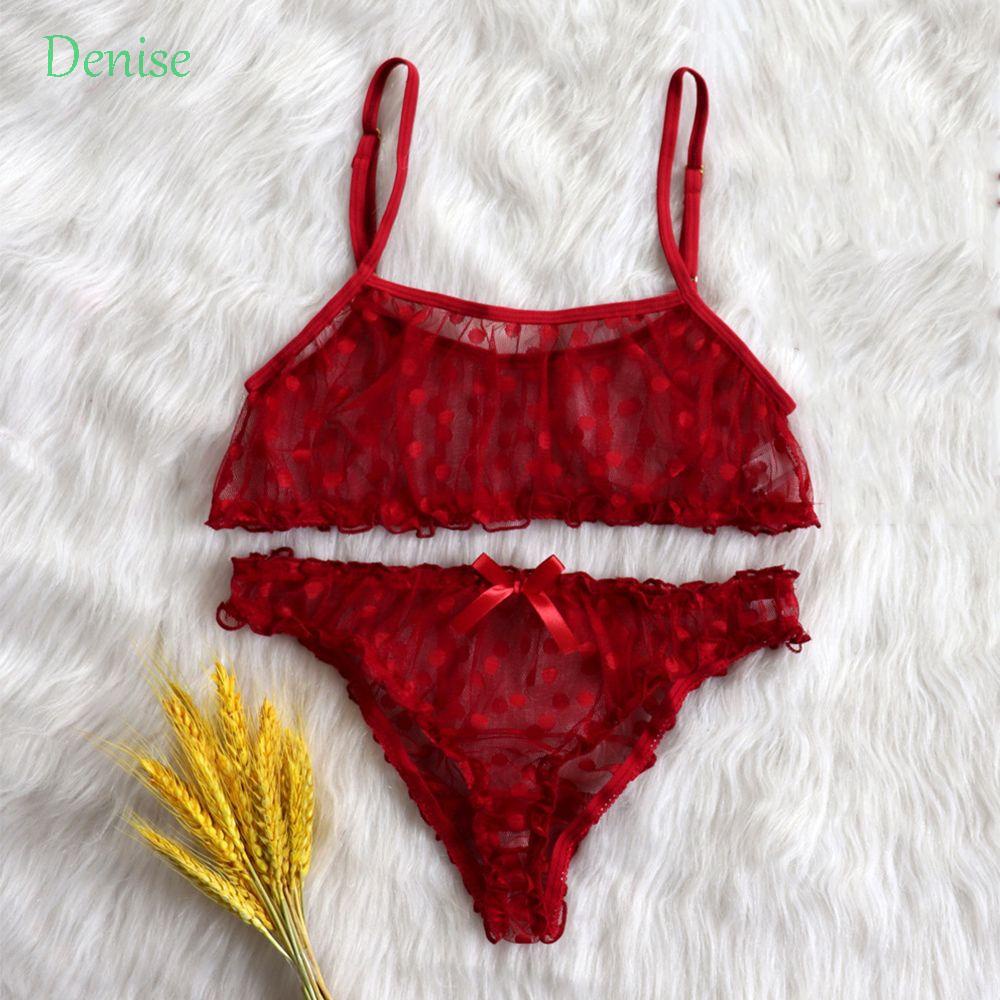 denise conjuntos de lencería erótica de verano íntimos ropa interior  conjuntos de loto trim mujeres de malla transparente señoras lunares  sujetador calzoncillos conjunto/multicolor