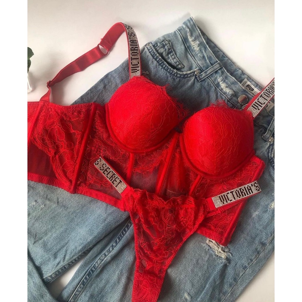 Conjunto De Lencería Push Up De Encaje Sexy Letra Caliente 2 Piezas Bragas  W6K5 Victoria Secret