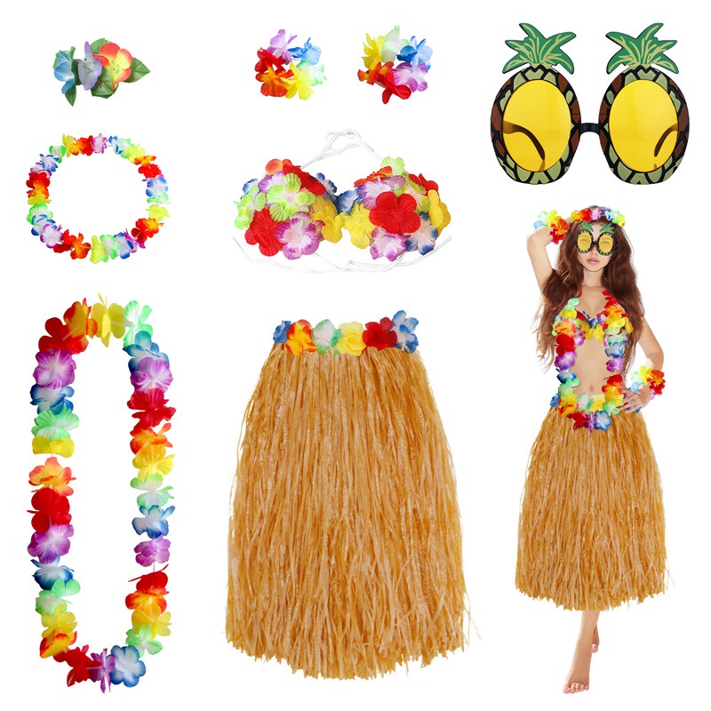 Set De Falda Hula Y Accesorios Hawaianos – 8 Piezas Con Guirnalda, Lei, Pulseras, Tobilleras Y Falda Elástica – Ideal Para Fiestas Luau, Carnaval Y Cumpleaños
