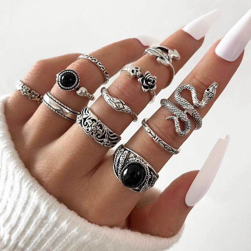 Conjunto De Anillos De Flores De Calavera De Serpiente De Color