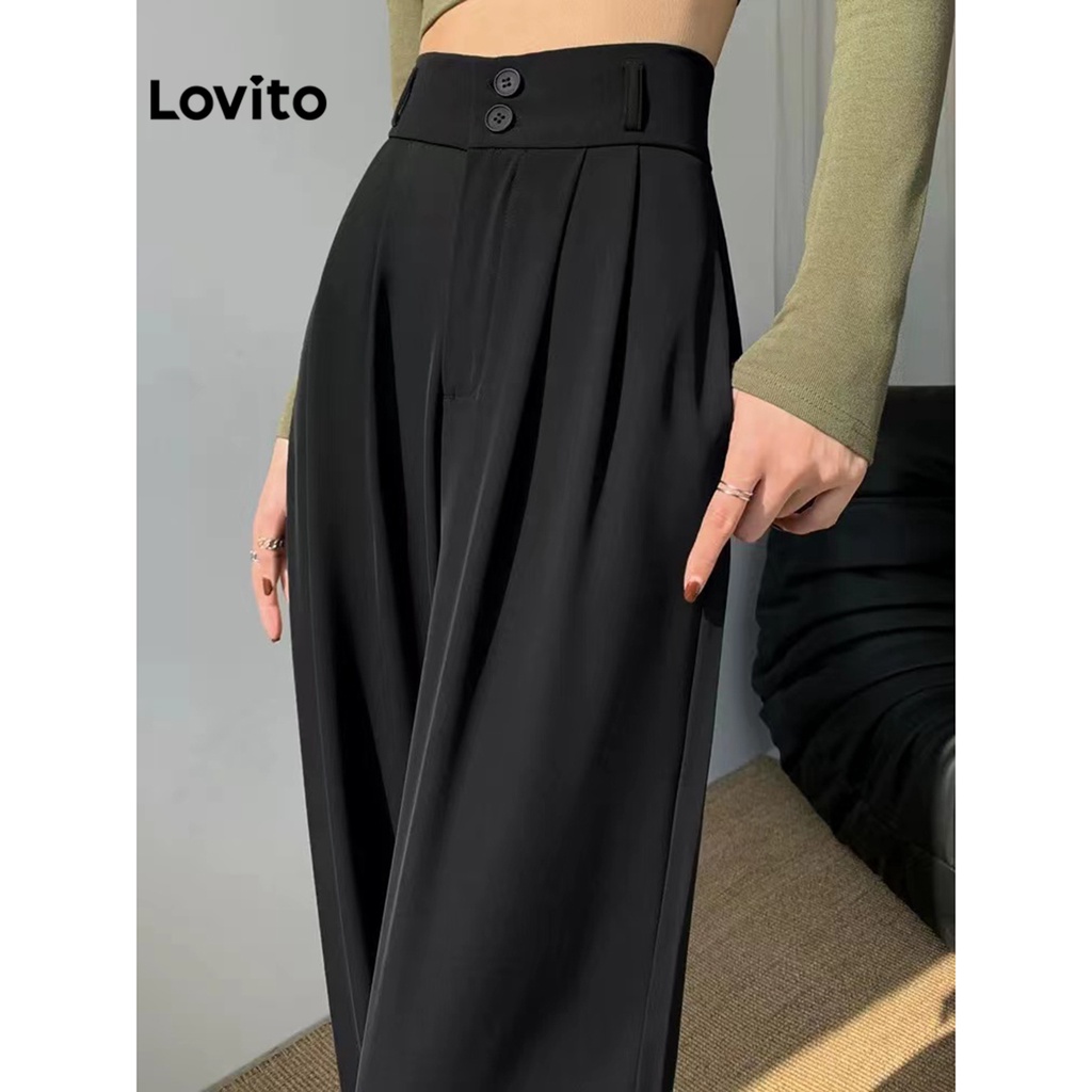 Lovito Pantalones Casuales Plisados Con Cremallera Lisa Para Mujer