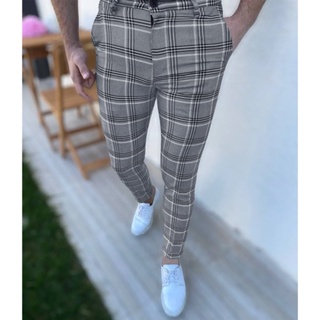 Pantalones Moda Hombres Casual Slim Fit Estampado A Cuadros