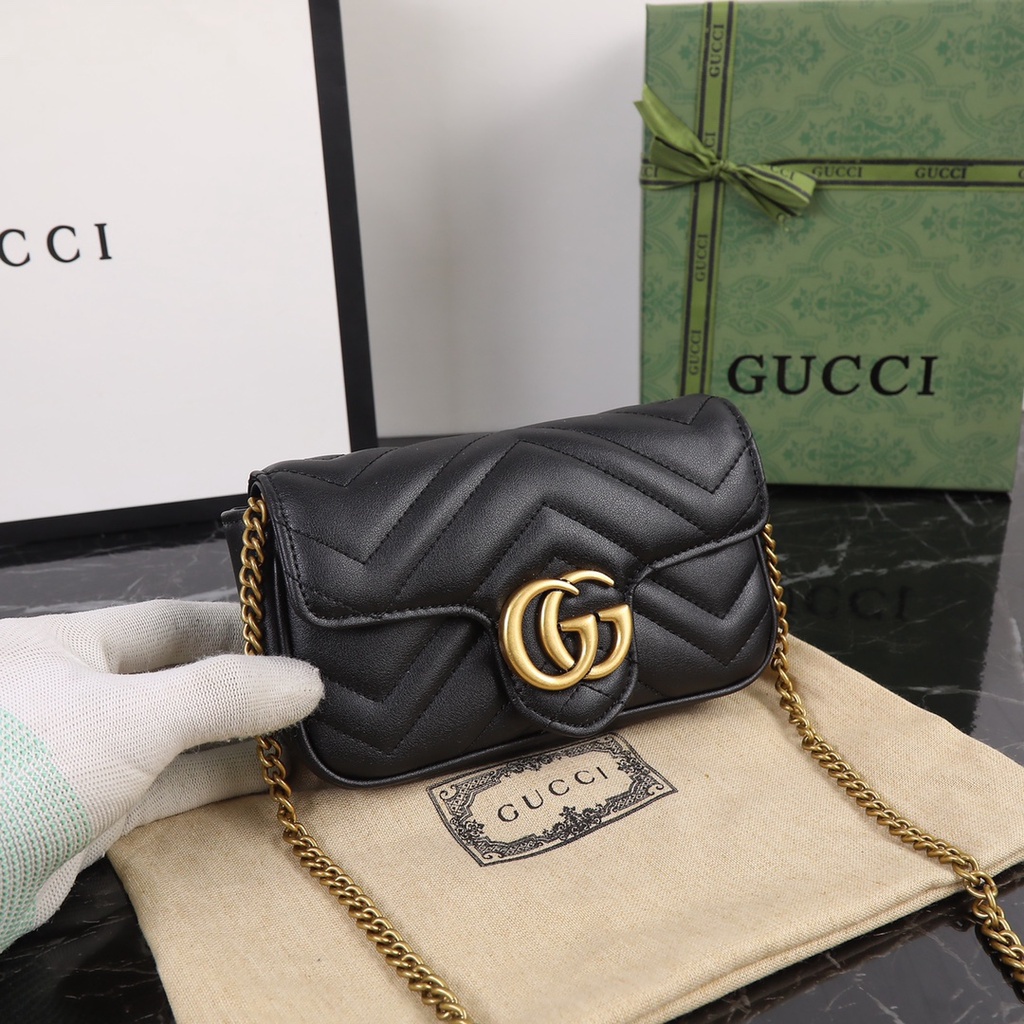 Cuero Genuino Gucci Original GG Marmont Cadena Corrugada Mujer Cuerpo Cruzado Bolsa De Hombro