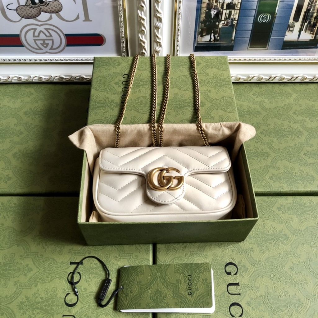 Cuero Genuino Gucci Original GG Marmont Cadena Corrugada Mujer Cuerpo Cruzado Bolsa De Hombro