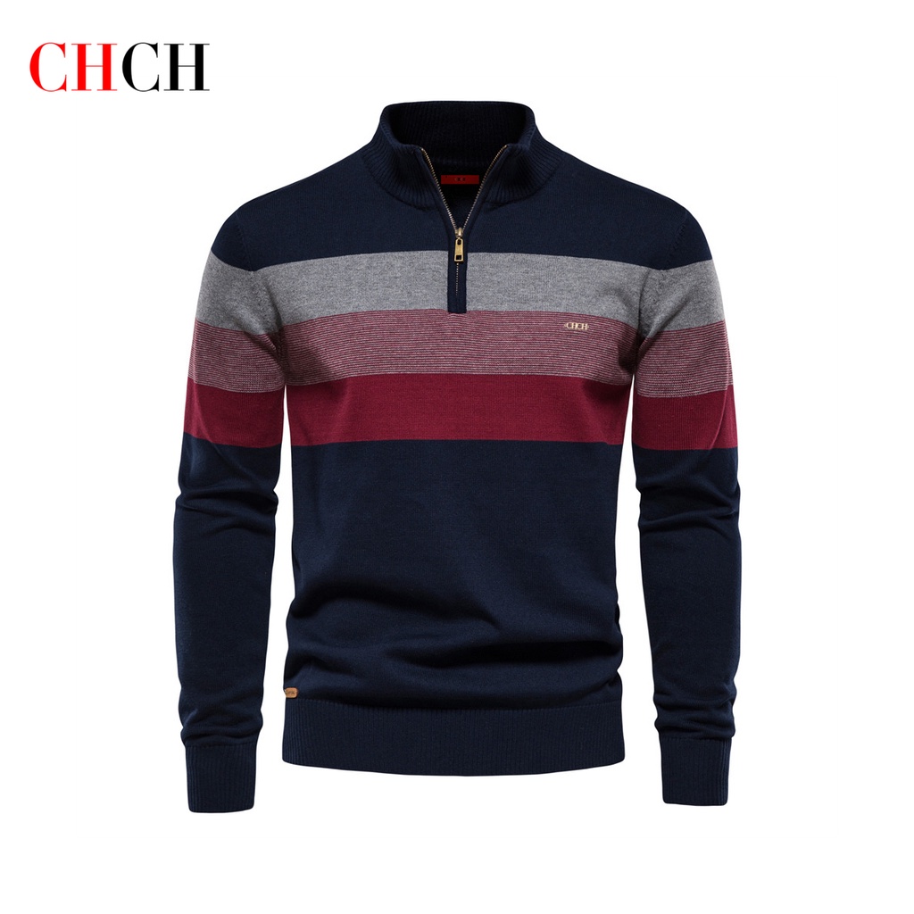 CHCH Ropa De Punto De Los Hombres Otoño/Invierno Nuevo 1/4 Suéter Pullover  Camisa De Fondo De Rayas