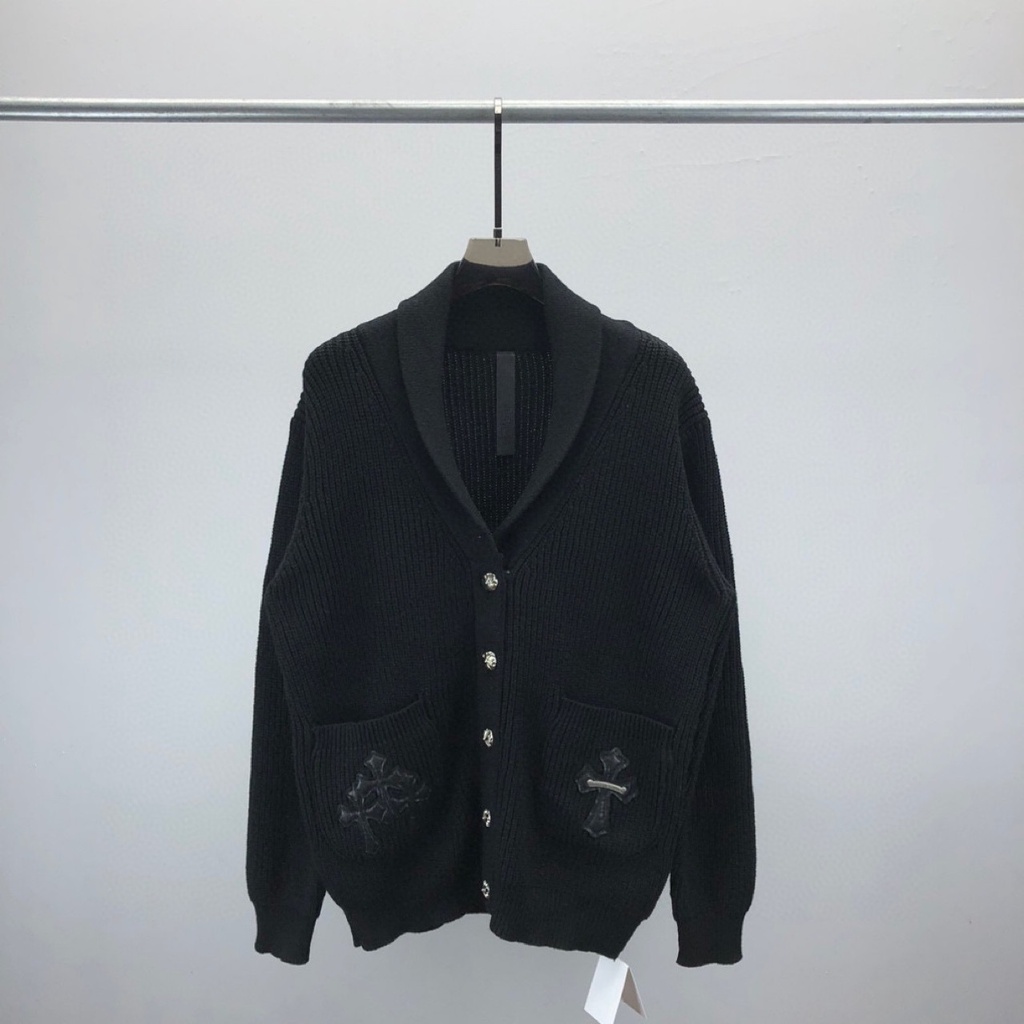 Csoj Chrome Hearts Cardigan Sweater Sanskrit Cross Leather Patchwork Pattern Men's and Women's