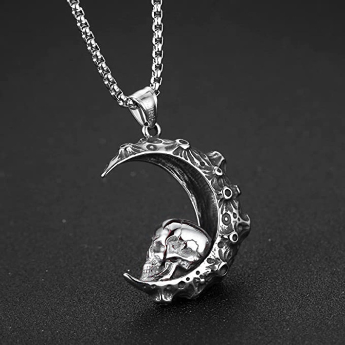 Collar Gótico Punk Con Calavera Grande - Acero Inoxidable Plateado, 22 Pulgadas, Unisex