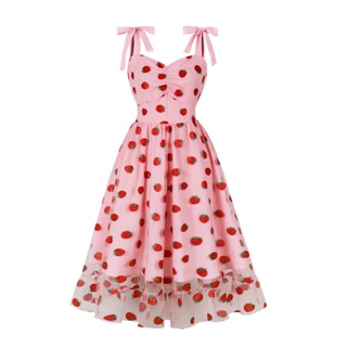 Falda midi vintage de los años 50 con estampado de lunares plisados, faldas  de cintura alta con estampado floral de fresas y cerezas