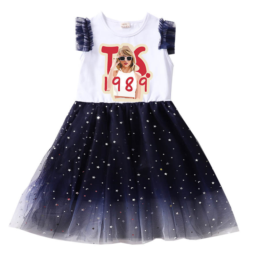 thumbnail image 1 of Taylor Swift Niñas Vestido De Verano De Algodón De Dibujos Animados Lindo Impresión De Manga Corta Cielo Estrella Dobladillo Niños, 1 of 4