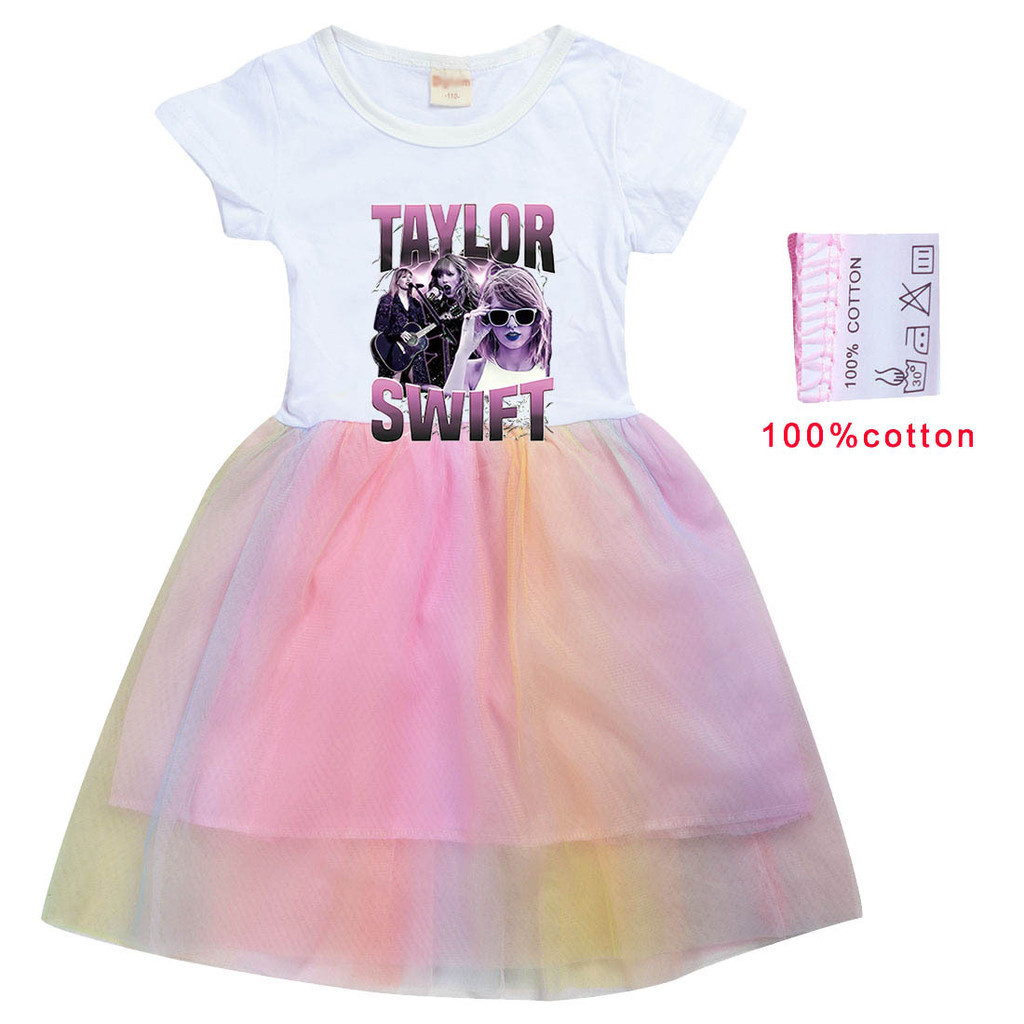 thumbnail image 1 of Taylor Swift Niñas Vestido De Verano De Algodón De Dibujos Animados Lindo Impresión De Manga Corta Tul Dobladillo Los Niños, 1 of 4
