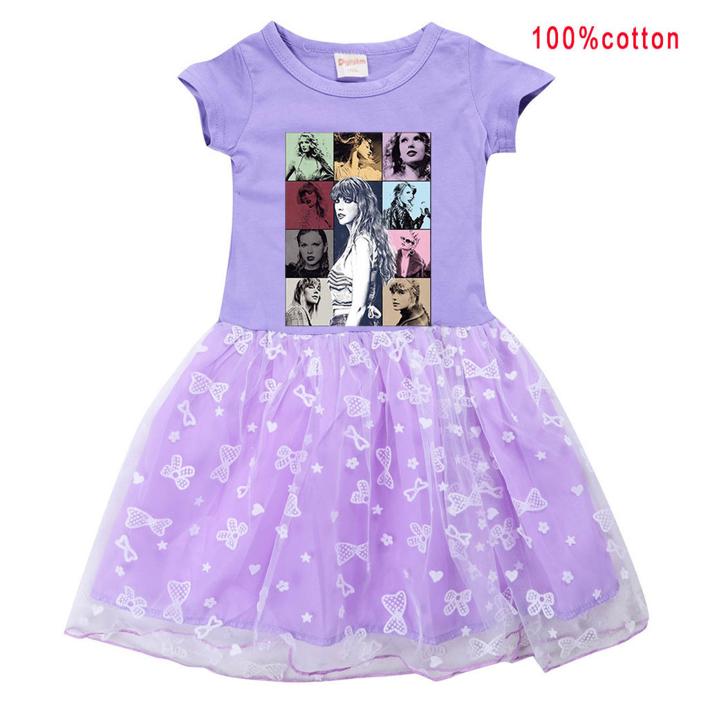 thumbnail image 1 of Taylor Swift Niñas Vestido De Verano De Algodón De Dibujos Animados Lindo Impresión De Manga Corta Tul Dobladillo Los Niños, 1 of 4