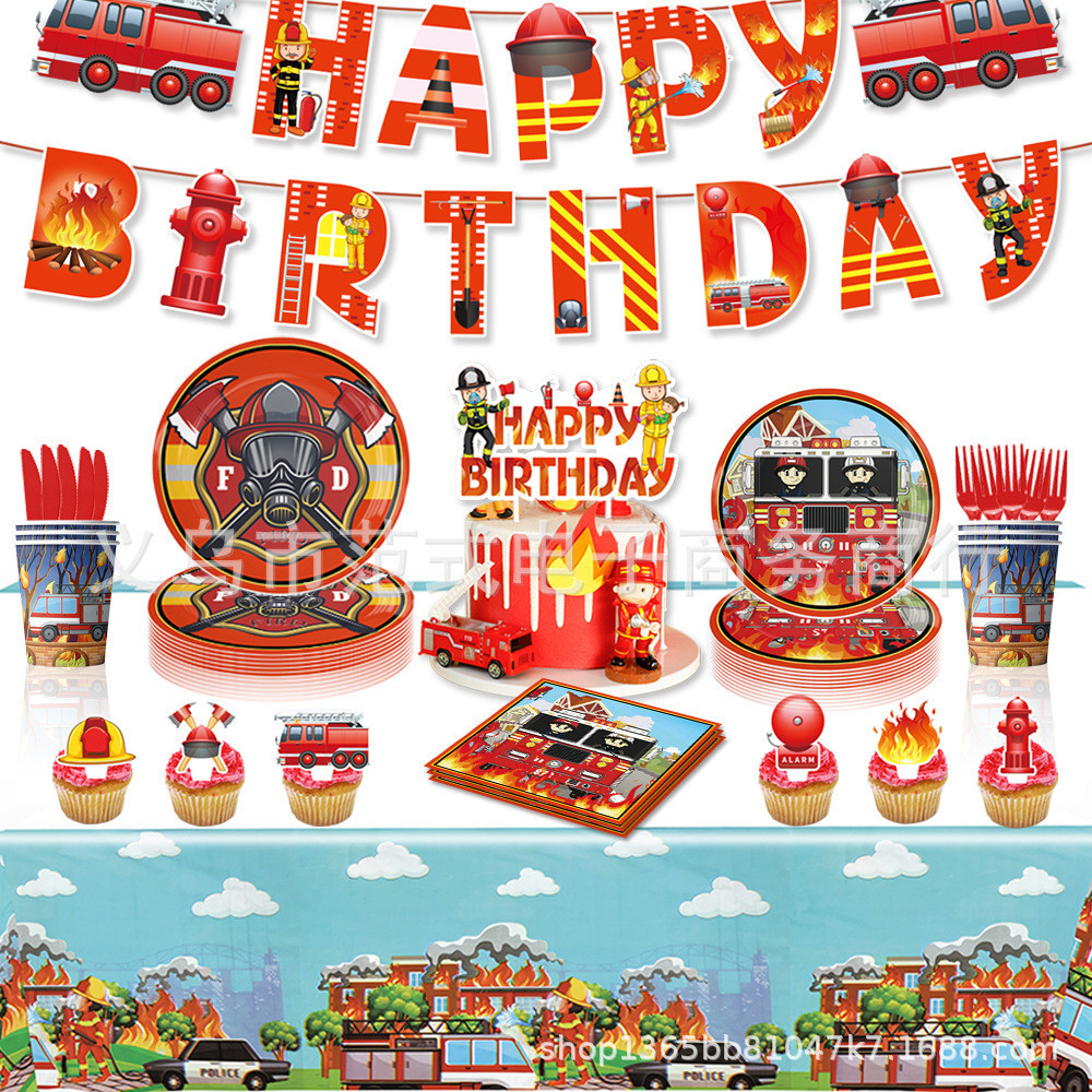 Set De Vajilla Y Decoración Cumpleaños Tema Bomberos - 70 Piezas, Incluye Platos, Servilletas, Globos Y Banner