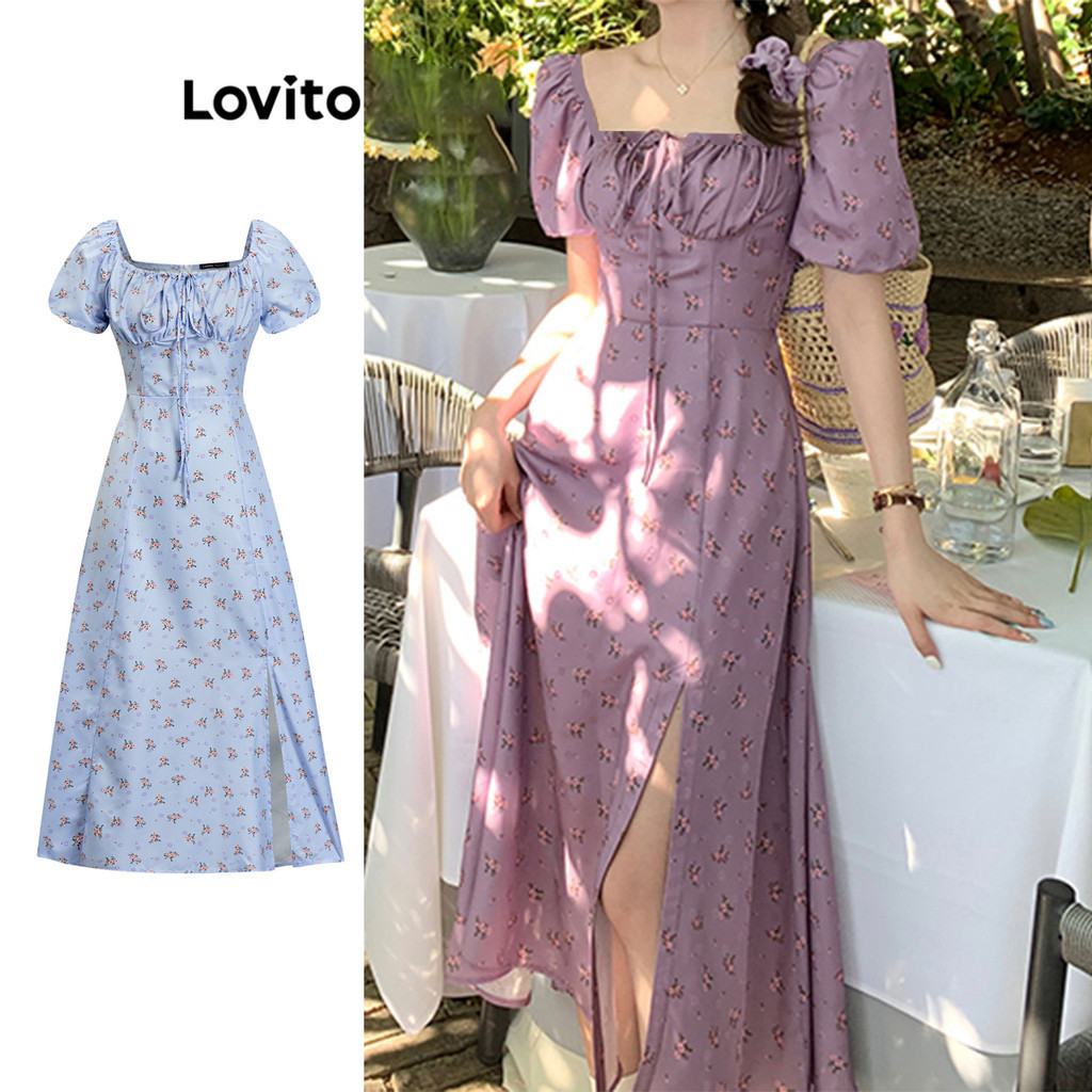 Lovito Vestido Informal Con Mangas Abullonadas Y Encaje Floral Ditsy