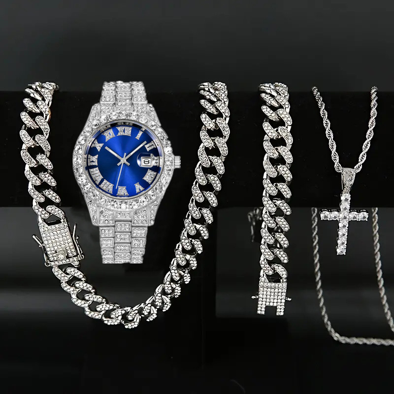4PCS Completo Iced Out Hombres Reloj Y Cubano Pulsera Collar Colgante  Conjunto Hiphop Bling Joyería Para Los Regalos
