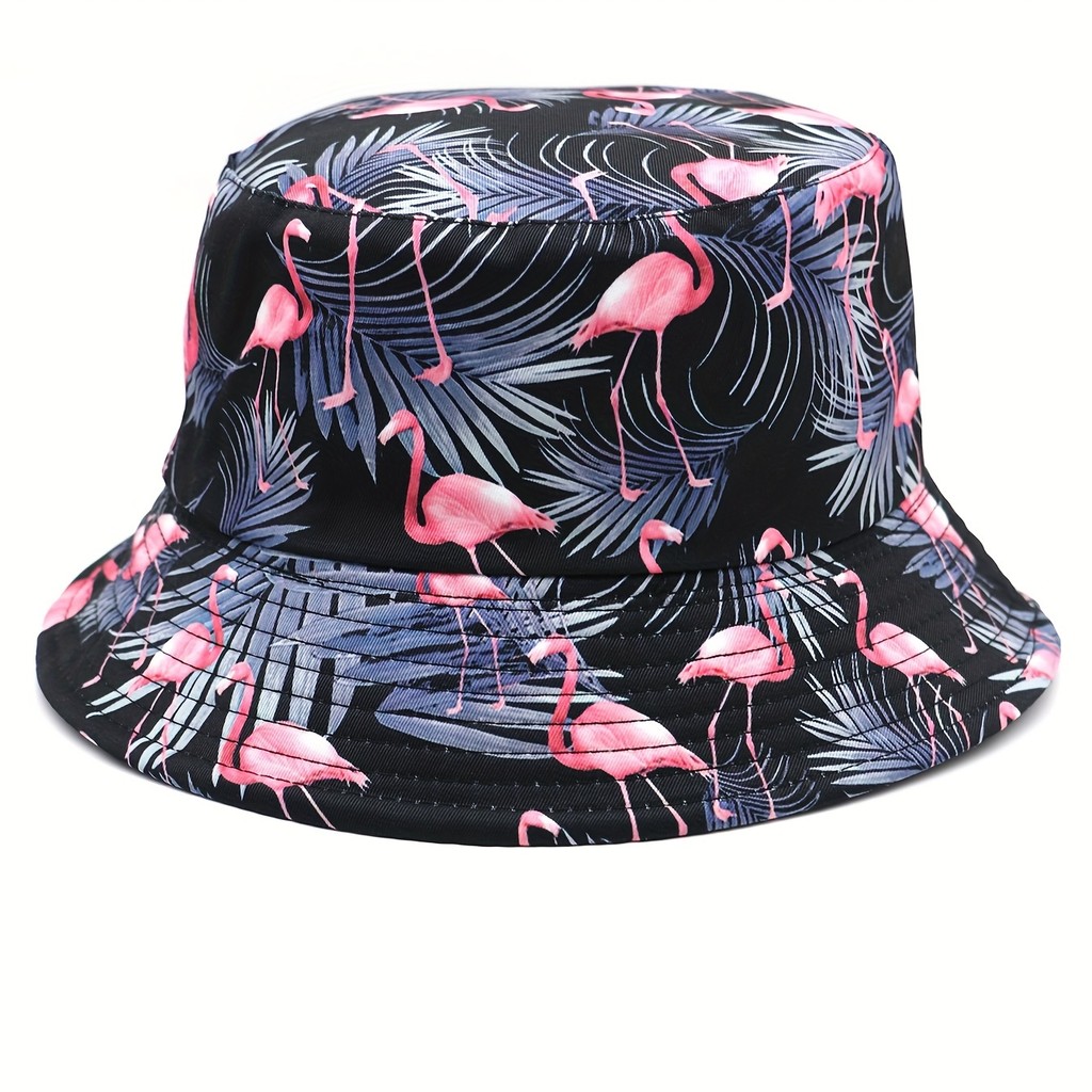 1pc Retro Flamingo Bucket Hat Impresion De Patron De Hojas De Moda Reversible Y Unisex Diseno Vibrante Para La Primavera Verano Dos Miradas En Un