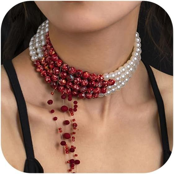 Collar Vampiro De Sangre Con Perlas De Imitación Y Gota Roja, Ajustable Y Elástico, Accesorio De Halloween Y Cosplay Para Fiestas Misteriosas