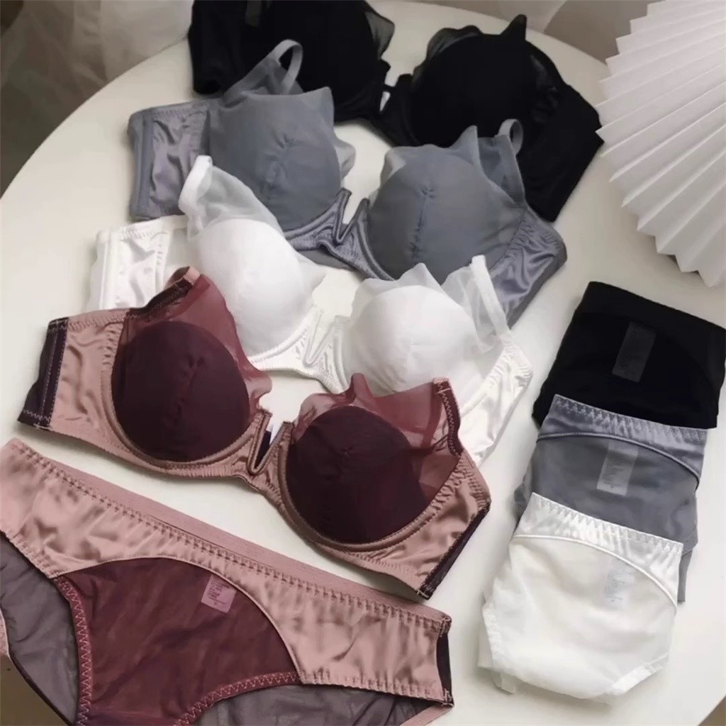 Lace Bra + Panties Set Small Chest Steel Ring Women Anti-Sagging Push ...